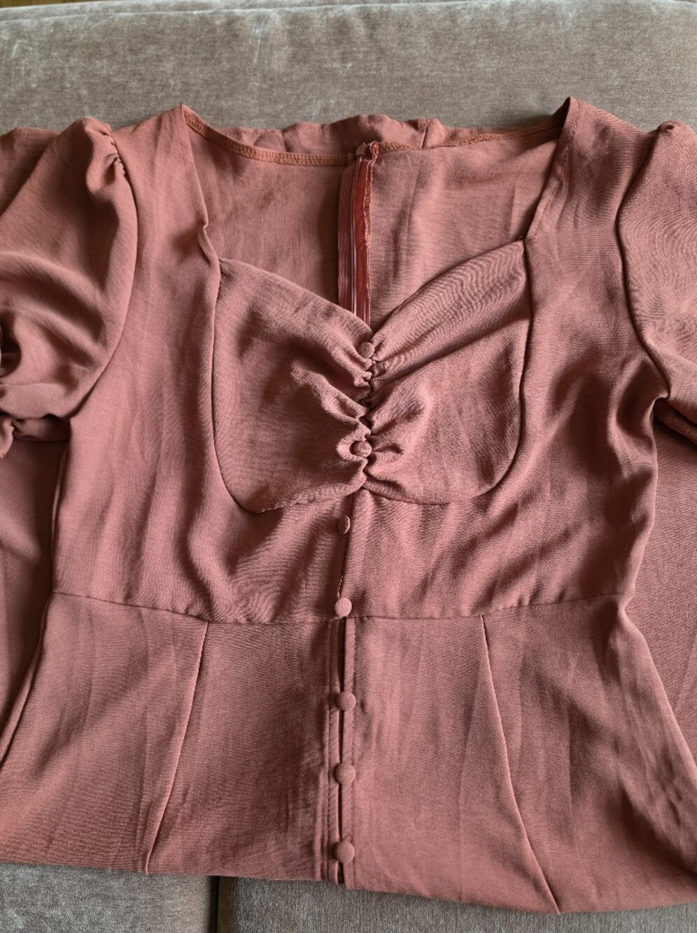 Puff Sleeve Flowy Button-Front Midi Dress Camel Brown Sz L - Picture 4 of 6